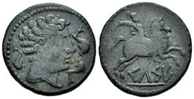Kelse. As. 120-50 a.C. Velilla del Ebro (Zaragoza). (Abh-771). (Acip-1482). Anv.: Cabeza masculina a derecha con manto y fíbula, alrededor tres delfin...