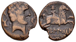 Kueliokos. As. 120-20 a.C. Zona alta del Ebro. (Abh-870). (Acip-1690). Anv.: Cabeza sin barba a derecha, entre delfines y KU. Rev.: Jinete con palma a...