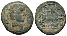Kueliokos. As. 120-20 a.C. Zona alta del Ebro. (Abh-870). (Acip-1690). Anv.: Busto sin barba a derecha, entre delfines y KU. Rev.: Jinete con palma a ...