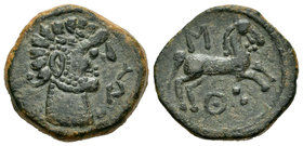 Kueliokos. Semis. 120-20 a.C. Zona alta del Ebro. (Abh-871). (Acip-1688). Anv.: Cabeza barbada a derecha, delante delfín. Rev.: Caballo con letra ibér...