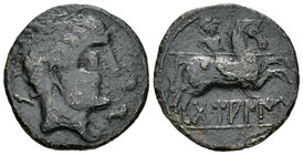 Tamaniu. As. 120-20 a.C. Zona de Aragón. (Abh-889). (Acip-1611). Anv.: Cabeza masculina a derecha, delante dos delfines, detrás TA. Rev.: Jinete con l...