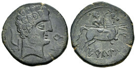 Erkauika- Ercavica. As. 120-20 a.C. Cañaveruelas (Cuenca). (Abh-1276). (Acip-1855). Anv.: Cabeza masculina, delante ER, detrás arado. Rev.: Jinete con...