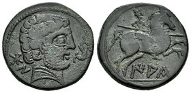 Iaka. As. 120-20 a.C. Jaca (Huesca). (Abh-1394). (Acip-1438). Anv.: Cabeza barbada a derecha, delante delfín, detrás BON. Rev.: Jinete con lanza a der...