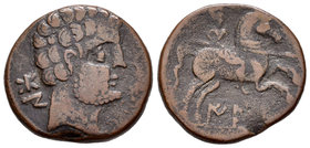 Iaka. As. 120-20 a.C. Jaca (Huesca). (Abh-1394). (Acip-1438). Anv.: Cabeza barbada a derecha, delante delfín, detrás BON. Rev.: Jinete con lanza a der...