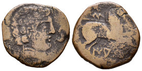 Iaka. As. 120-20 a.C. Jaca (Huesca). (Abh-1394). (Acip-1438). Anv.: Cabeza barbada a derecha, delante delfín y detrás BON. Rev.: Jinete con lanza a de...