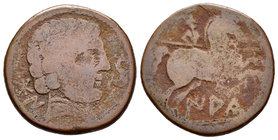 Iaka. As. 120-20 a.C. Jaca (Huesca). (Abh-1394). (Acip-1438). Anv.: Cabeza barbada a derecha, delante delfín, detrás BON. Rev.: Jinete con lanza a der...