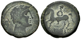 Ikalkusken. As. 120-20 a.C. Zona suroeste de la península. (Abh-1399). (Acip-2079). Anv.: Cabeza masculina a derecha, detrás delfín. Rev.: Jinete con ...