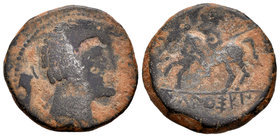 Ikalkusken. As. 120-20 a.C. Iniesta (Cuenca). (Abh-1399). (Acip-2079). Anv.: Cabeza masculina a derecha, detrás delfín. Rev.: Jinete con lanza y rodel...