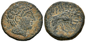 Iltirta. As. 220-200 a.C. Lleida (Cataluña). (Abh-1476). (Acip-1246). Anv.: Cabeza masculina a derecha. Rev.: Lobo a derecha con la cabeza baja, encim...