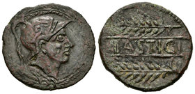 Lastigi. As. 150-50 a.C. Aznalcóllar (Sevilla). (Abh-1675). Anv.: Dentro de láurea, cabeza masculina con casco a derecha. Rev.: Dentro de láurea, dos ...