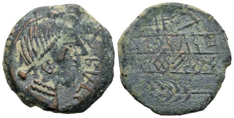 Obulco. As. 220-20 a.C. Porcuna (Jaén). (Abh-1789). (Acip-2194). Anv.: Cabeza fe...