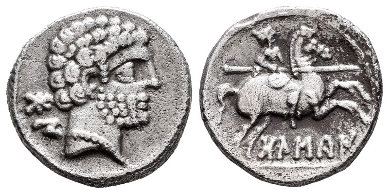 Bolskan. Denario. 180-20 a.C. Huesca. (Abh-1911). (Acip-1417). Anv.: Cabeza barb...