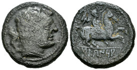 Sekaisa. As. 120-20 a.C. Zona de Aragón. (Abh-2127). (Acip-1527). Anv.: Cabeza masculina a derecha, detrás leona. Rev.: Jinete con insignia con águila...