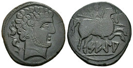 Sekia. As. 120-20 a.C. Ejea de Caballeros (Zaragoza). (Abh-2157). (Acip-1454). Anv.: Cabeza barbada a derecha, detrás dos delfines. Rev.: Jinete con l...