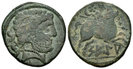 Sekia. As. 120-20 a.C. Ejea de Caballeros (Zaragoza). (Abh-2157). (Acip-1454). Anv.: Cabeza barbada a derecha, detrás dos delfines. Rev.: Jinete con l...