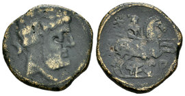 Sekia. As. 120-20 a.C. Ejea de Caballeros (Zaragoza). (Abh-2159). (Acip-1449). Anv.: Cabeza barbada a derecha, detrás delfín. Rev.: Jinete con lanza a...