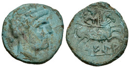 Sekia. As. 120-20 a.C. Ejea de Caballeros (Zaragoza). (Abh-2159). (Acip-1449). Anv.: Cabeza barbada a derecha, detrás delfín. Rev.: Jinete con lanza a...