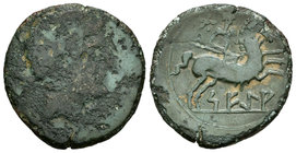 Sekia. As. 120-20 a.C. Ejea de Caballeros (Zaragoza). (Abh-2159). (Acip-1449). Anv.: Cabeza barbada a derecha, detrás delfín. Rev.: Jinete con lanza a...