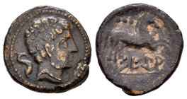 Sekia. Cuadrante. 120-20 a.C. Ejea de Caballeros (Zaragoza). (Abh-2166). (Acip-1453). Anv.: Cabeza barbada a derecha, detrás delfín. Rev.: Caballo a d...