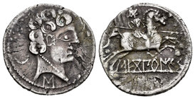 Sekobirikes. Denario. 120-30 a.C. Saelices (Cuenca). (Abh-2168). (Acip-1869). Anv.: Cabeza masculina a derecha, detrás creciente, debajo letra ibérica...