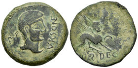 Ursone. As. 50 a.C. Osuna (Sevilla). (Abh-2503 variante). Anv.: Cabeza masculina a derecha con láurea, delante VRSONE, detrás letra. Rev.: Esfinge a d...