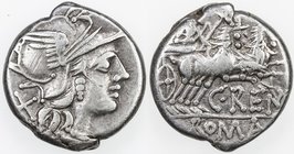 ROMAN REPUBLIC: C. Renius, 138 BC, AR denarius (3.82g), Crawford-231/1; RSC-Renia 1, helmeted head of Roma right; X behind // Juno Caprotina driving b...