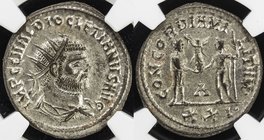 ROMAN EMPIRE: Diocletian, 284-305 AD, BI antoninianus (3.66g), Cyzicus (293-294), S-12635, CONCORDIA MILITVM / A / XXI, emperor receiving Victory from...