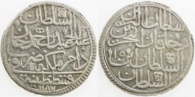 TURKEY: Abdul Hamid I, 1774-1789, AR zolota, AH1187 year 15, KM-393, slight chipping at 10:30 from small crack through denticles, interesting error, C...