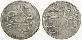 TURKEY: Abdul Hamid I, 1774-1789, AR piastre, AH1187 year 10, KM-398, unevenly struck, AU, ex Hans Wilski Collection. 
 Estimate: USD 65 - 85