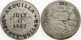 ANGUILLA: AR liberty dollar, 1967, Bruce-X3, liberty dollar countermark on 1924 Peru sol, KM-218.1, AU on F-VF host.
 Estimate: USD 100 - 120
