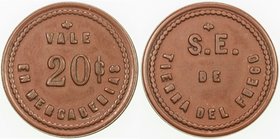 ARGENTINA: TIERRA DEL FUEGO: red vulcanite 20 centavo token, ND, Rulau-MAG17, at center: S. E. / DE / TIERRA DEL FUEGO // 20¢ at center, VALE above an...