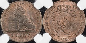 BELGIUM: Leopold I, 1831-1865, AE centime, 1856, KM-1.2, the only MS66 and the finest of this type known to us, scratch on holder, NGC graded MS66 RB....