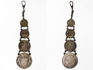 CENTRAL AMERICA:watch fob made of 4 silver coins from Costa Rica, Guatemala, Nicaragua and Honduras from the 1880s-90s, lovely little item, VF.
 Esti...