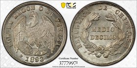 CHILE: Republic, AR ½ decimo, 1893, KM-137.3, PCGS graded MS66.
 Estimate: USD 50 - 75