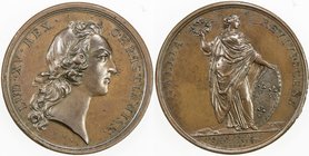 FRANCE: Louis XV, 1715-1774, AE medal (29.21g), 1744, Page-Divo 119, 42mm bronze medal for the Recovery of the King by F. Marteau and C.N. Roëttiers, ...