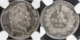 FRANCE: Louis Philippe I, 1830-1848, AR ¼ franc, 1832-A, KM-740.1, dark iridescent toning, NGC graded MS64.
 Estimate: USD 75 - 100