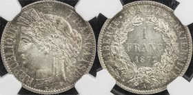 FRANCE: AR franc, 1872-A, KM-822.1, large A type, NGC graded MS65.
 Estimate: USD 170 - 190