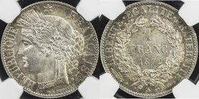 FRANCE: AR franc, 1872-A, KM-822.1, large A type, NGC graded MS64.
 Estimate: USD 130 - 150