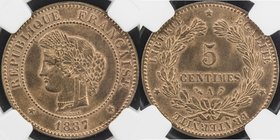 FRANCE: AE 5 centimes, 1887-A, KM-821.1, NGC graded MS64 RD.
 Estimate: USD 80 - 100