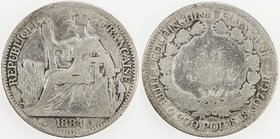 FRENCH COCHINCHINA: AR 50 cents, 1884-A, KM-6, old abrasive cleaning, starting to retone, key date, Good to Very Good, RR. 
 Estimate: USD 125 - 155
