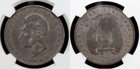 GALAPAGOS ISLANDS: AR sucre, RA countermark on 1888DT Ecuador sucre (KM-53.2), label notes surface hairlines, which we don't see, toned, NGC graded VF...