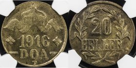 GERMAN EAST AFRICA: brass 20 heller, 1916-T, KM-15a, curled tip on 2nd letter L, NGC graded MS64.
 Estimate: USD 90 - 110
