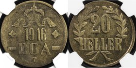 GERMAN EAST AFRICA: brass 20 heller, 1916-T, KM-15a, small crown / pointed tips on both L's, NGC graded MS63.
 Estimate: USD 75 - 100