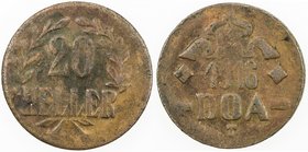 GERMAN EAST AFRICA: AE 20 heller, 1916-T, KM-15, copper issue, obverse B, small crown and reverse B, pointed tips on L's, weakly struck as usual, EF, ...