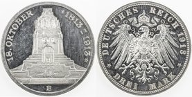 GERMANY: SAXONY: Friedrich August III, 1904-1918, AR 3 mark, 1913-E, KM-1275, Battle of Leipzig Centennial, hairlined, Proof.
 Estimate: USD 90 - 110