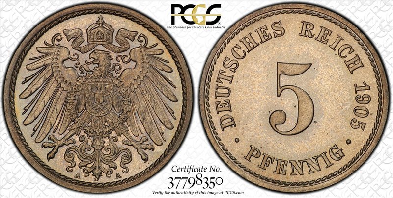 GERMANY: Kaiserreich, 5 pfennig, 1905-A, KM-11, J-12, a lovely brilliant proof o...