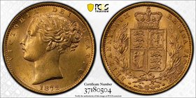 GREAT BRITAIN: Victoria, 1837-1901, AV sovereign, 1872, KM-736, S-3853B, shield type reverse without die number, PCGS graded MS62.
 Estimate: USD 450...