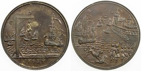 GREAT BRITAIN: EXONUMIA: AE medal (14.04g), 1743/4, Eimer 582, MI II 584/224, 38mm bronze medal for the Action off Toulon, man hanging at left with na...