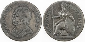 GREAT BRITAIN: EXONUMIA: AE token (8.08g), ND (ca. 1770?), Atkins 60, 27mm bronze evasion token, crude bust left with COLONEL - KIRK around // Britann...