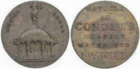 GREAT BRITAIN: EXONUMIA: AE halfpenny token (10.04g), 1794, D&H 35, 29mm bronze token for Conder's, Ipswich, Suffolk, domed roof with cross and Justic...